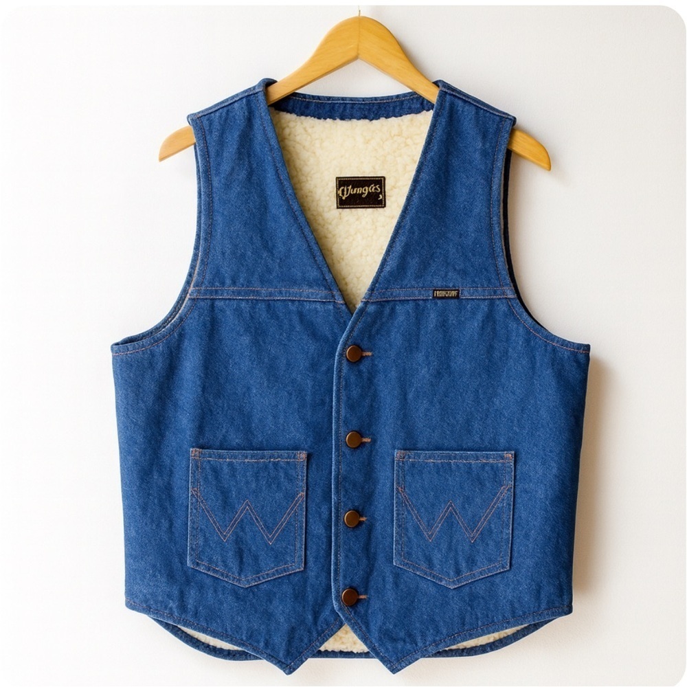Wrangler Vintage Shearling Lined Denim Vest 1970's Size Large - Picture 1 of 7